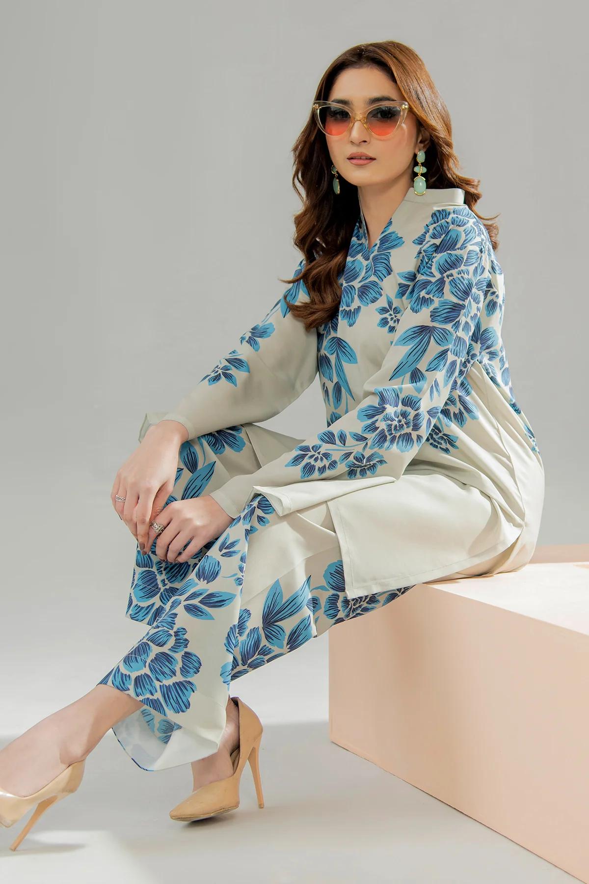 White Ocean 2 Pc Suit – Pink Floral Digital Print
